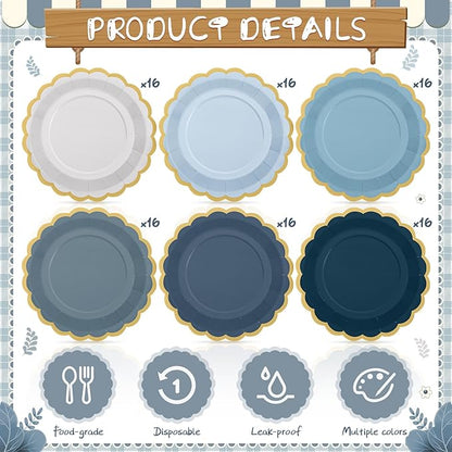 96 Pcs Dusty Blue Paper Plates 9 Inch Gradient Scalloped Paper Blue Disposable Dinner Dessert Plates for Birthday Wedding Bridal Party Supplies, 6 Colors