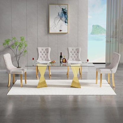 5 Piece Glass Dining Table Set,70" Dinner Room Glass Table Set for 4,Modern Kitchen Dinner Table Set with Stainless Steel Base and 4 Upholstered Velvet Dining Chairs for Living Dining Room