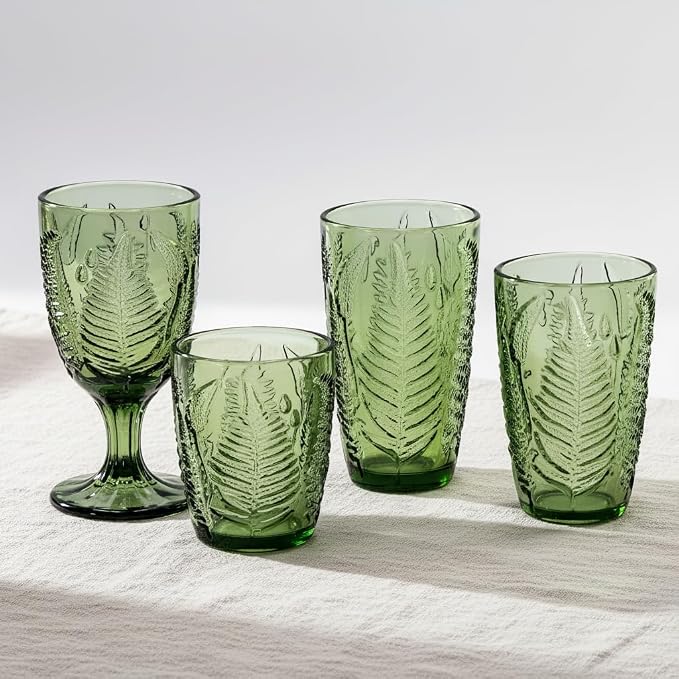 Green Drinking Glasses Set of 8, 12 oz Glass Cups, Vintage Fern Glassware | - Image 9