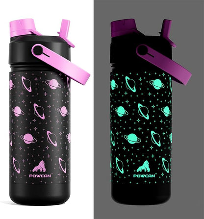18 oz Kids Insulated Water Bottle: Glow-in-the-Dark, 2-in-1 Straw Spout Lid by POWCAN