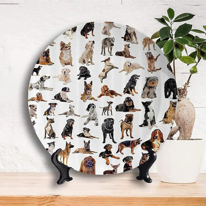 Decorative Plates, Dog Lover Print Ornament, Austratlian Shepherd Pet Italian Mastiff, 10 Inch, 1 Plate with 1 Display Stand, Brown Black