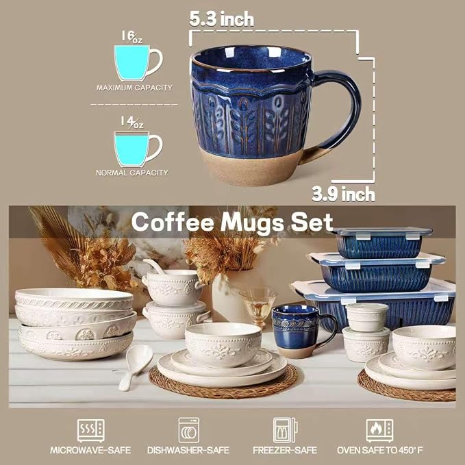 Artena Ceramic Coffee Mugs Set of 4, 16oz Embossed Large Latte Mugs Coffee Cups - Image 5