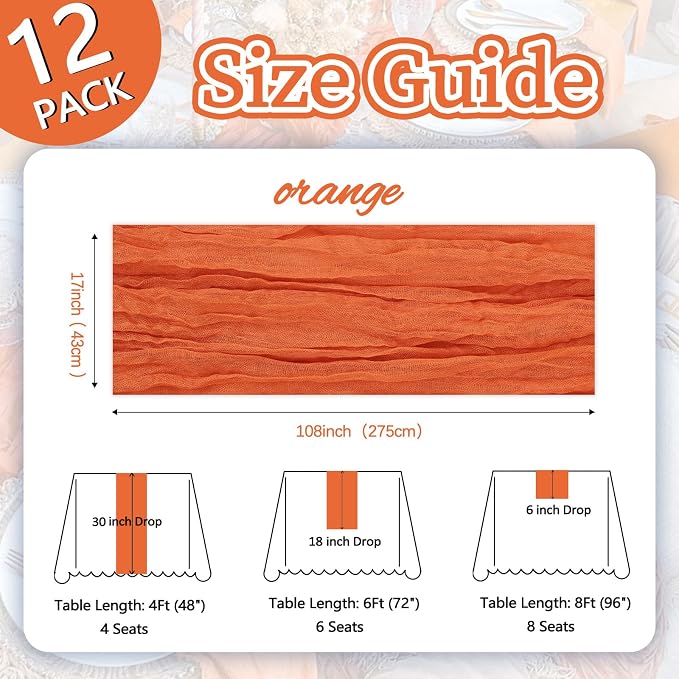 12 Pack Orange Cheesecloth Table Runner 17 x 108 Inch | Boho Gauze Cheese Cloth - Image 2