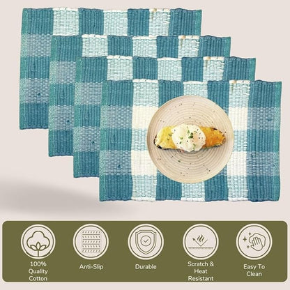 Perilla Home Cotton Placemat Set of 4 Table Mats for Kitchen Dining Home Decor Vintage Boho Rectangle Placemats (Teal and White 13"x19")