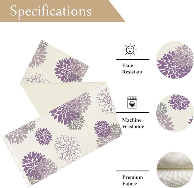 Purple Dahlia Table Runner Modern Elegant Flower Beige Table Runners Geometric - Image 5