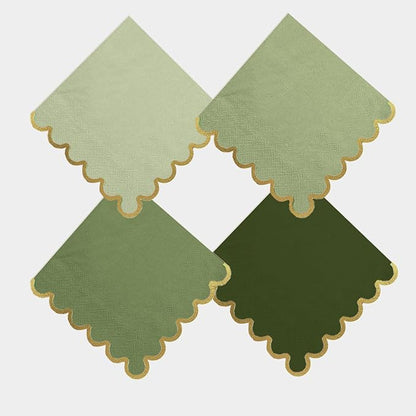 100 pack Green Cocktail Napkins with Gold Foil Accents Scalloped Edges 5 x 5 inch Beverage Disposable Napkin Party Decoration Wedding Bridal and Baby Shower Dinner Lunch Supplies
