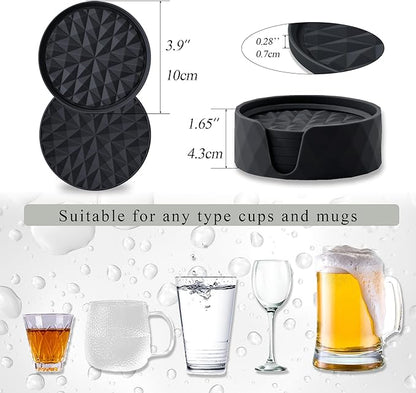 Silicone Coasters for Drinks[6 Pack]- Cup Mat with Holder for Tabletop Protection-Non-Slip, Non-Stick, Coffee Table Decor, Great Gift for Any Occasion, Black