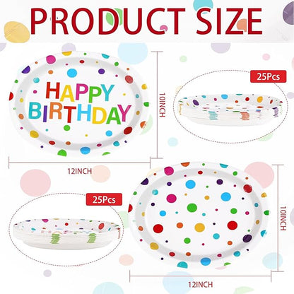 50Pcs Happy Birthday Oval Paper Plates 10" x 12" Large Disposable 400GSM Heavy Duty Rainbow Colorful Dots Platters Plates Happy Birthday Party Decorations for BBQ Picnic Baby Shower Party Supplies