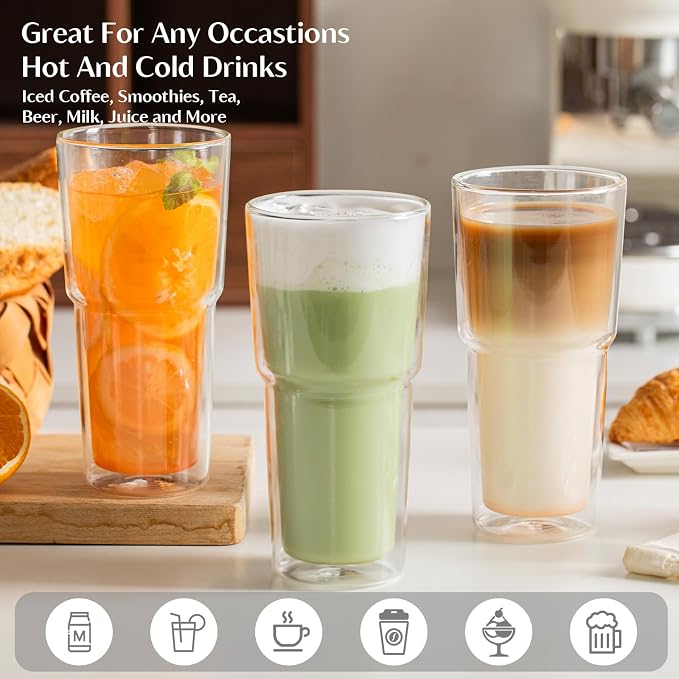 INSETLAN 20oz Double Wall Glass Cups Set of 2 – Borosilicate Glass Tumblers - Image 6