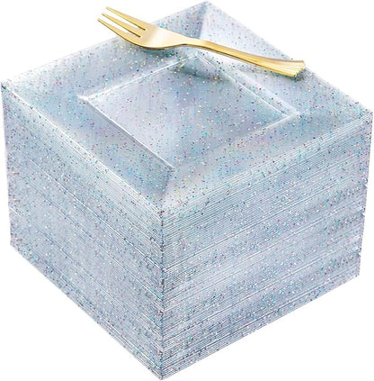 supernal 200pcs Square Plastic Dessert Plates-100pcs Gold Dessert Forks,100pcs 6inch ClearDessert Plates,cocktail plates, Clear Appetizer Plates for Pary Birthday Afternoon tea