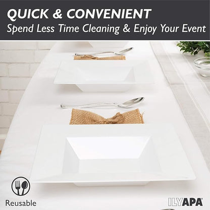 Ilyapa 50 Pack 12 ounce White Plastic Bowls, Heavy Duty Disposable White Square Bowl, Plastic 12oz for Soup, Dessert, Wedding & Party Brunch Accessories