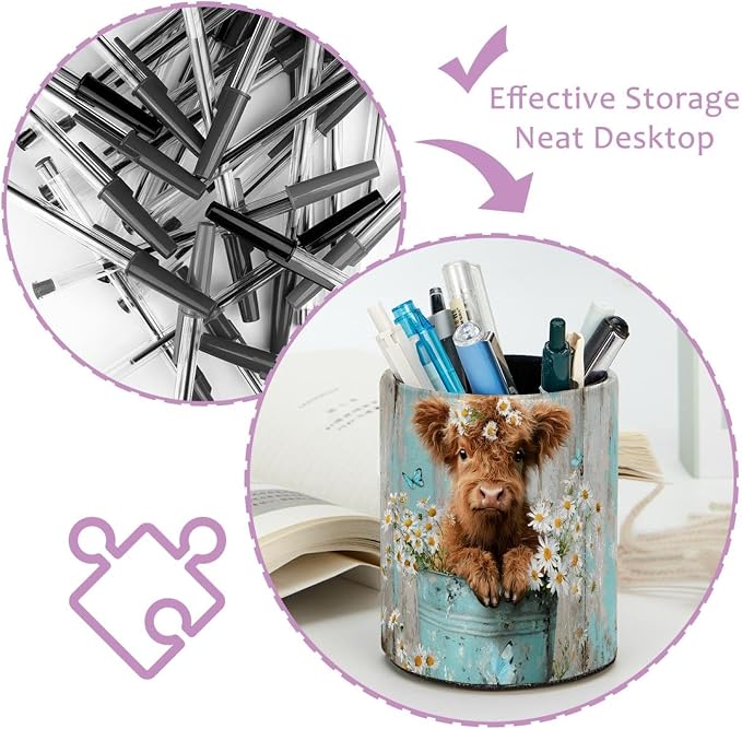 Leather Pen Holder for Desk, Highland Cow Flower Pencil Cup Pen Organizer - Image 4