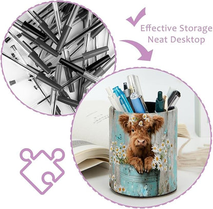 Leather Pen Holder for Desk, Highland Cow Flower Pencil Cup Pen Organizer - Image 4