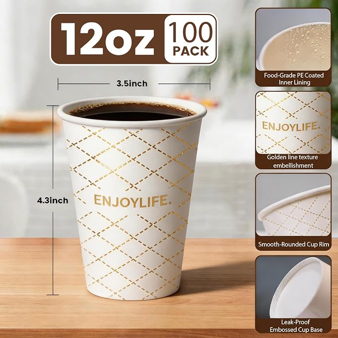MOUMOULIFE Disposable Paper Coffee Cups 12 oz 100 Count, Leak-Proof Gold Gilded - Image 2
