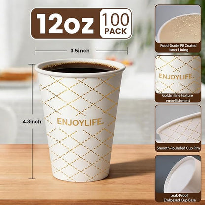 MOUMOULIFE Disposable Paper Coffee Cups 12 oz 100 Count, Leak-Proof Gold Gilded - Image 2