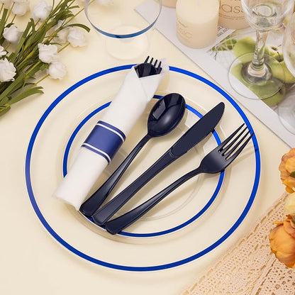 BESTSTAR 350PCS Clear and Blue Disposable Plates Set for 50 Guests, 100 Plastic Plates, 50 Cups, 50 Pre-Rolled Napkins with Plastic Cutlery for Party, Birthday, Thanksgiving, Christmas, Halloween