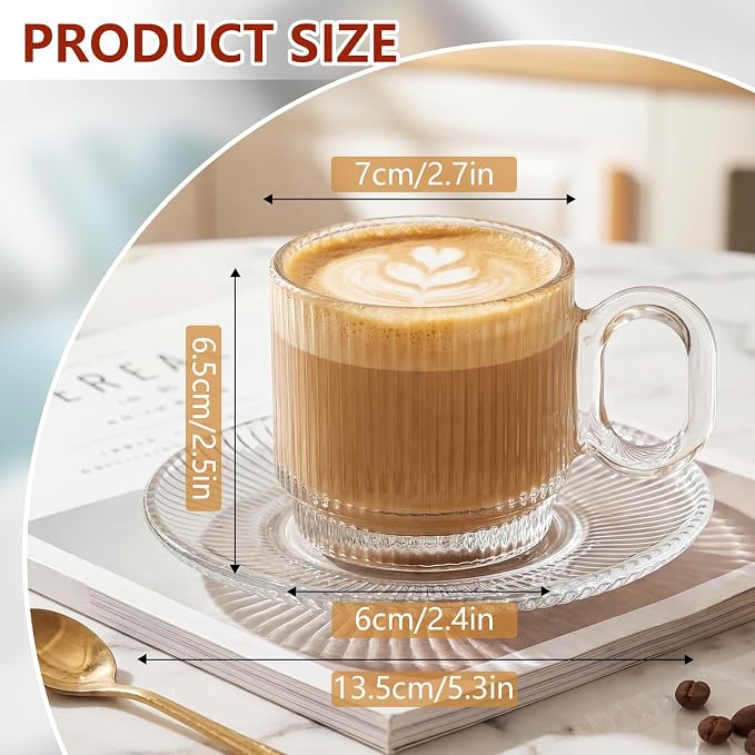 6 Sets of Glass Tea Cups with Saucers Vintage Coffee Mugs 5.6 oz Clear Espresso - Image 2