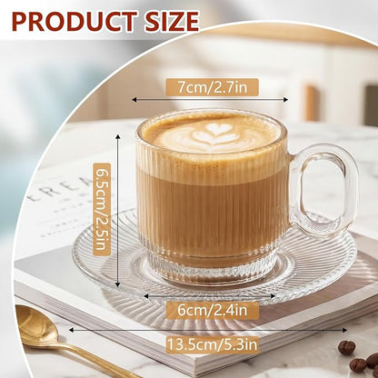 6 Sets of Glass Tea Cups with Saucers Vintage Coffee Mugs 5.6 oz Clear Espresso - Image 2