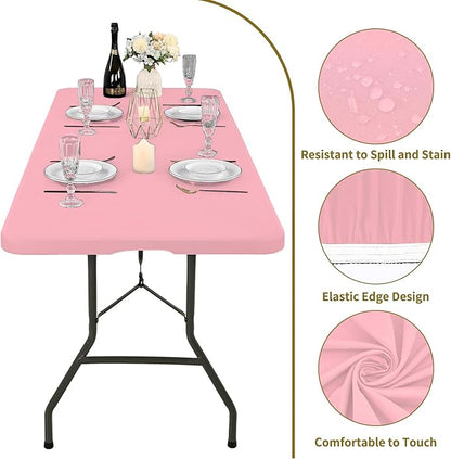 6 Pack Fitted Tablecloth for 8 Foot Rectangle Tables, Pink Elastic Outdoor Picnic Table Cover, Washable Stretch Folding Table Cloths 8 ft for Camping Party Patio Kitchen Banquet, 30" W x 96" L