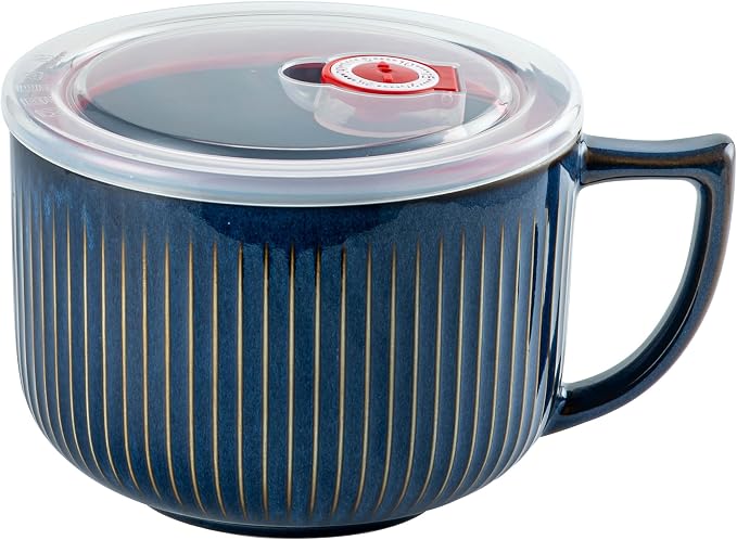 Soup Bowl with Handle & Lid, Jumbo 38oz Microwave Ramen Bowl Vintage Blue | by Hoilse