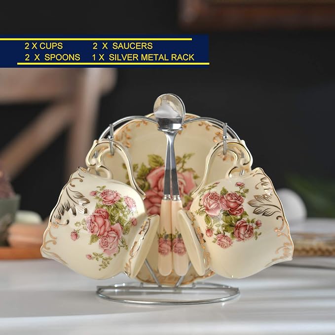 YOLIFE Tea Cups and Saucers Set of 2, 8 OZ Pink Rose Tea Cups Set | Ivory - Image 8