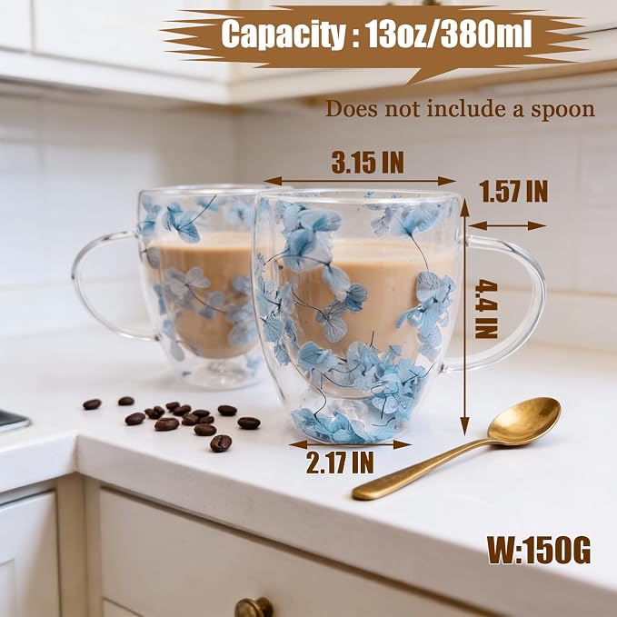 Viovian 13oz Double Wall Glass Coffee Mugs Set of 2 Insulated Glass Coffee Cups - Image 2