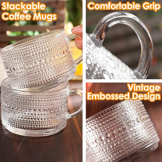 Vintage Glass Coffee Mugs Set of 4, 14 Ounces Embossed Glass Coffee Cups - Image 5