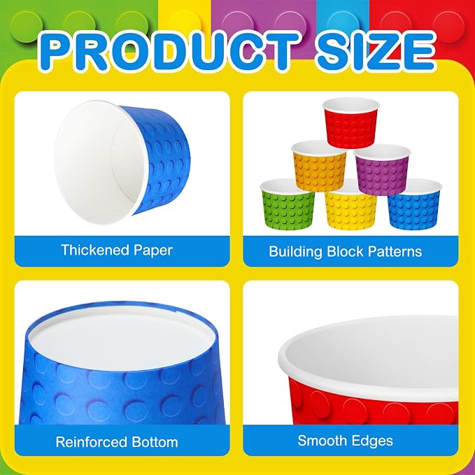 CHENGU 60 Pcs Building Block Snack Cups 9 oz Colorful Paper Ice Cream Bowls - Image 4