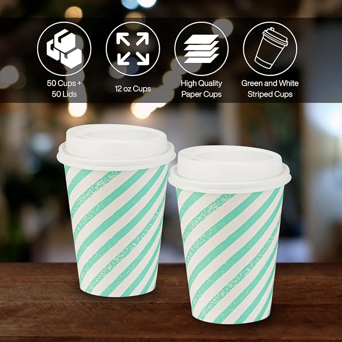 Disposable Coffee Cups with Lids, To Go Paper Hot Cups, Water Blue - Image 3