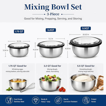 P&P CHEF Mixing Bowls with Lids Set of 3, Wide Bowl & Airtight Lid, Size 1.75 - Image 2