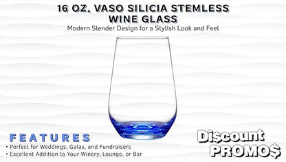 DISCOUNT PROMOS 10 Vaso Silicia Stemless Wine Glasses Set, 16 oz. - Clear, Orb-Like, Thick base - Blue