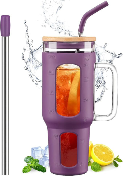 WINSA Glass Tumbler with Lid and Straw, 46 oz, Dark Purple | Iced Coffee Cup by WINSA