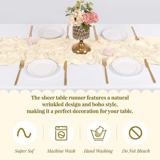 3 Pack Ivory Cheesecloth Table Runner, 17 x 108 Inch, Gauze Cheese Cloth Table - Image 5