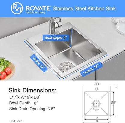 ROVATE 17 x 19 Inch Drop in Bar Sink Single Bowl, Topmount 304 Stainless Steel Small Kitchen Sink with 1 Hole, Handmade Overmount Wet Bar Prep Sinks with Basket Strainer