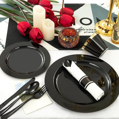 EI 350pcs Black Plastic Plates Disposable Heavy Duty Plastic Dinnerware Set Pre Silverware and Napkins Set Black and Gold Cups for Party Suit for Party,Wedding,Afternoon Tea,Spring,Valentine's Day