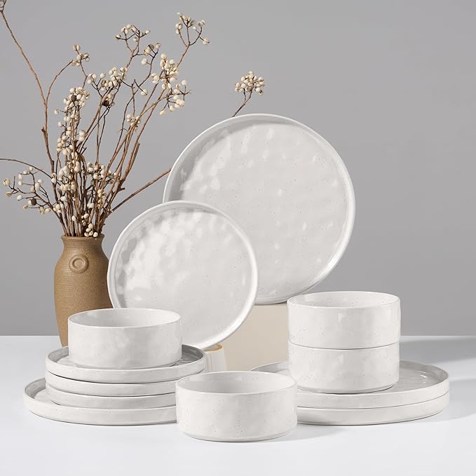 HaWare Dinnerware Sets, 12-Piece Plates and Bowls Set, Speckled White | by HaWare