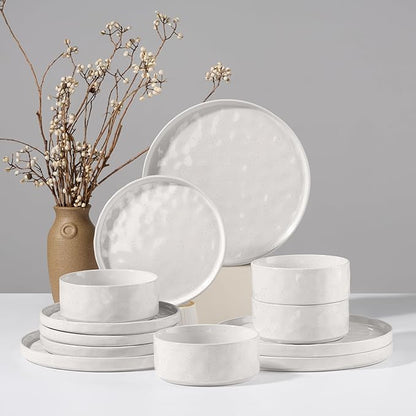 HaWare Dinnerware Sets, 12-Piece Plates and Bowls Set, Speckled White | by HaWare