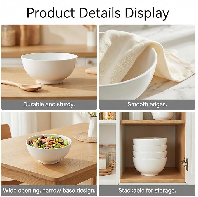 2 Pack Porcelain Soup Bowls, 27 Oz Large Deep White Ceramic Bowls - Image 4