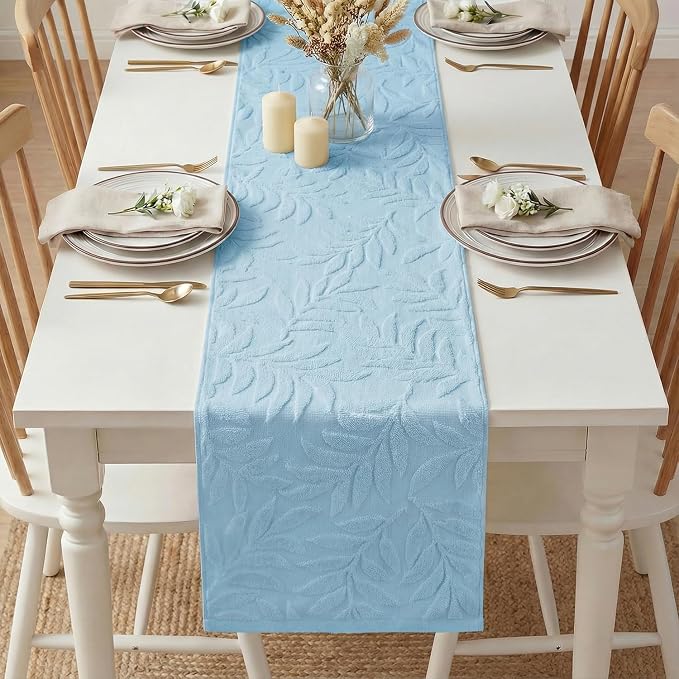 Artoid Mode Light Blue Soft 3D Jacquard Leaves 100%Cotton Spring Table Runner - Image 5