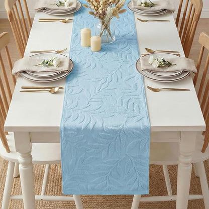 Artoid Mode Light Blue Soft 3D Jacquard Leaves 100%Cotton Spring Table Runner - Image 5