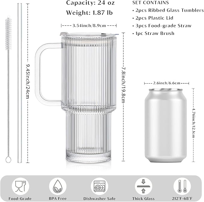 INSETLAN 24 oz Ribbed Glass Tumbler - Image 3