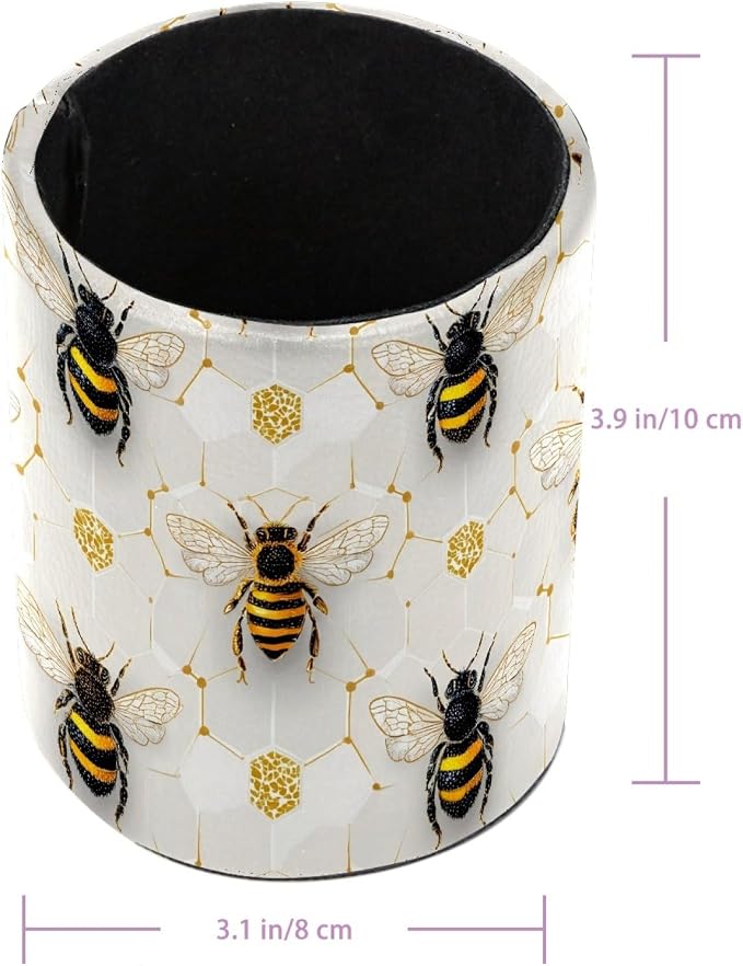Leather Pen Holder for Desk, Honeycomb Bee Pencil Cup Pen Organizer Makeup - Image 3