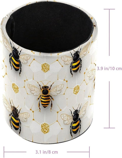 Leather Pen Holder for Desk, Honeycomb Bee Pencil Cup Pen Organizer Makeup - Image 3