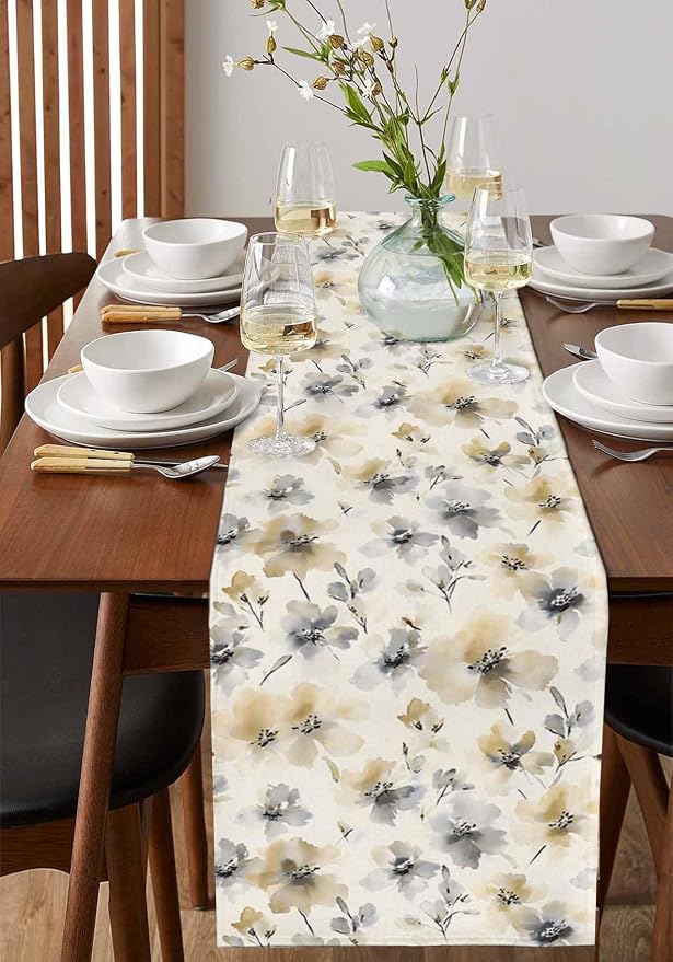 Watercolor Flower Short Table Runners 36 Inches, Cotton Linen Fabric Table - Image 2