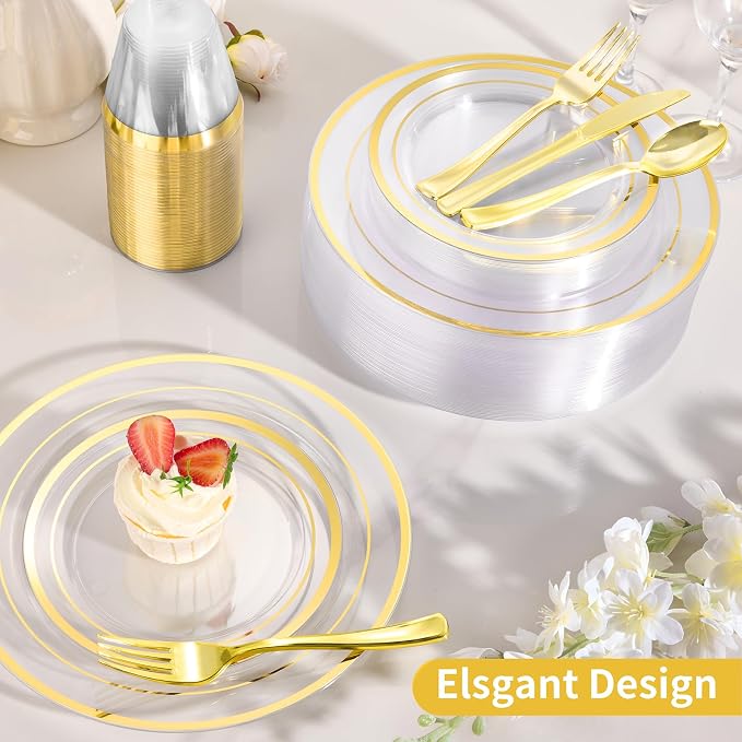 600 Pieces Clear Gold Plates for 100 Guests | Include: Dinnerware Set of 100 - Image 4