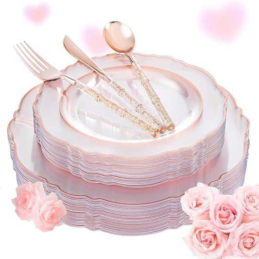 Liacere 150PCS Rose Gold Plastic Plates - Clear Rose Gold Disposable Plates with Glitter Bamboo Handle Cutlery - 60 Baroque Elegant Plates, 30 Forks, 30 Spoons, 30 Knives for Wedding＆Valentine's Day