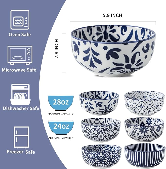 Cereal Bowls, 28 Ounce Ceramic Soup Bowls Set of 6, Large Bowl Set - Image 2