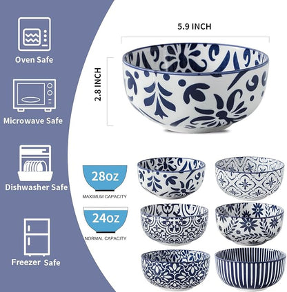 Cereal Bowls, 28 Ounce Ceramic Soup Bowls Set of 6, Large Bowl Set - Image 2