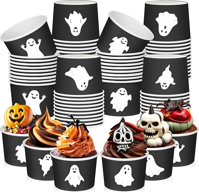 CHENGU 60 Pcs Halloween Snack Cups 9 oz Disposable Ghost Paper Ice Cream Bowls by CHENGU