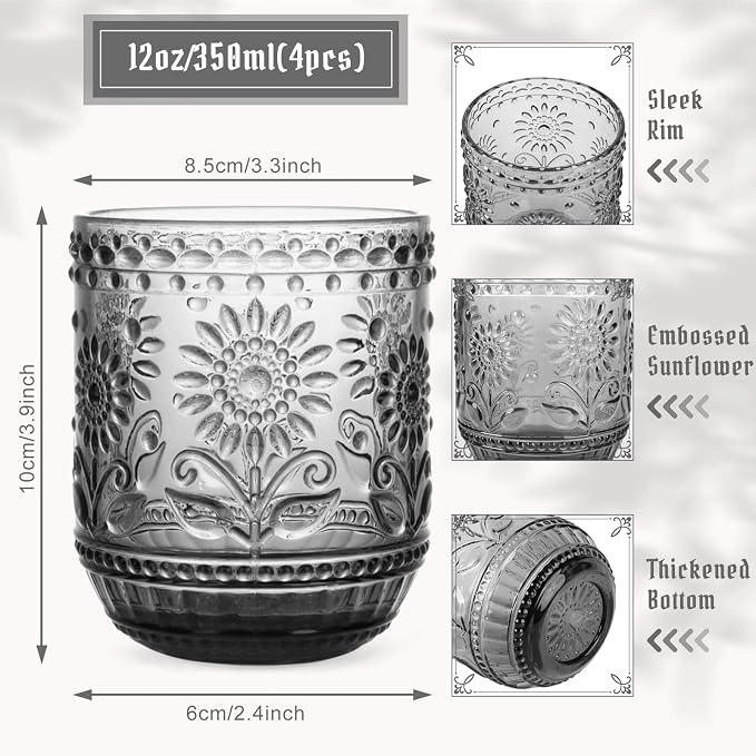 Topsky Vintage Drinking Glass Set of 4, 12 oz Embossed Floral Drinkware Set - Image 4
